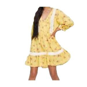 ASOS Yellow Floral Print Cottegecore Babydoll Deep V-Neck Mini Dress Size 10